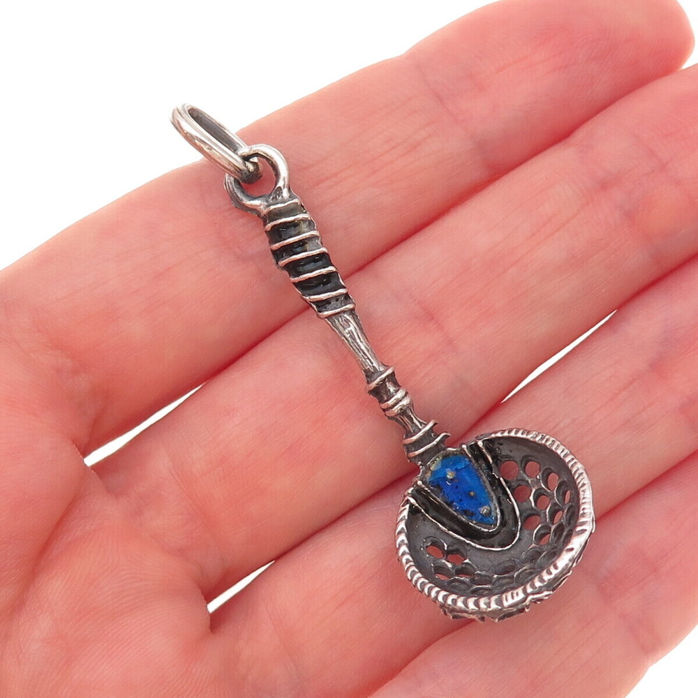 925 Sterling Silver Vintage Enamel Ladle Oxidized 3D Charm Pendant